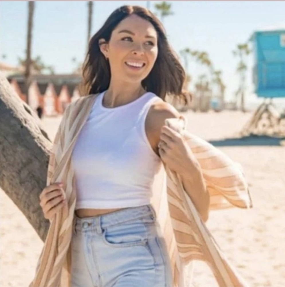 Rays For Days Peach & White Striped Coverup With Fringe Top  O/S